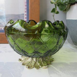 Glass Green Avocado Candy Bowl on a Metal Golden Pedestal by Indiana Glass, USA